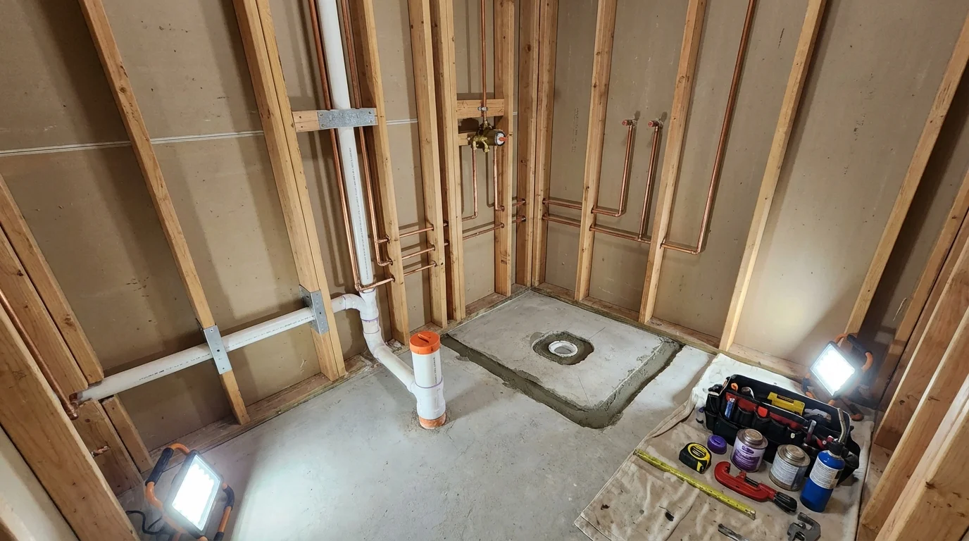 Bathroom rough-in plumbing during remodel by Johns Plumbing LLC in Constantia