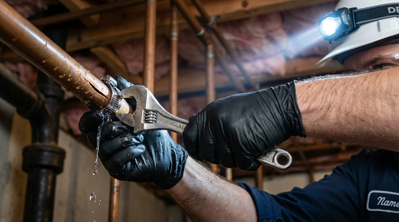 Emergency pipe clamp repair being performed by a Johns Plumbing LLC plumber in Constantia