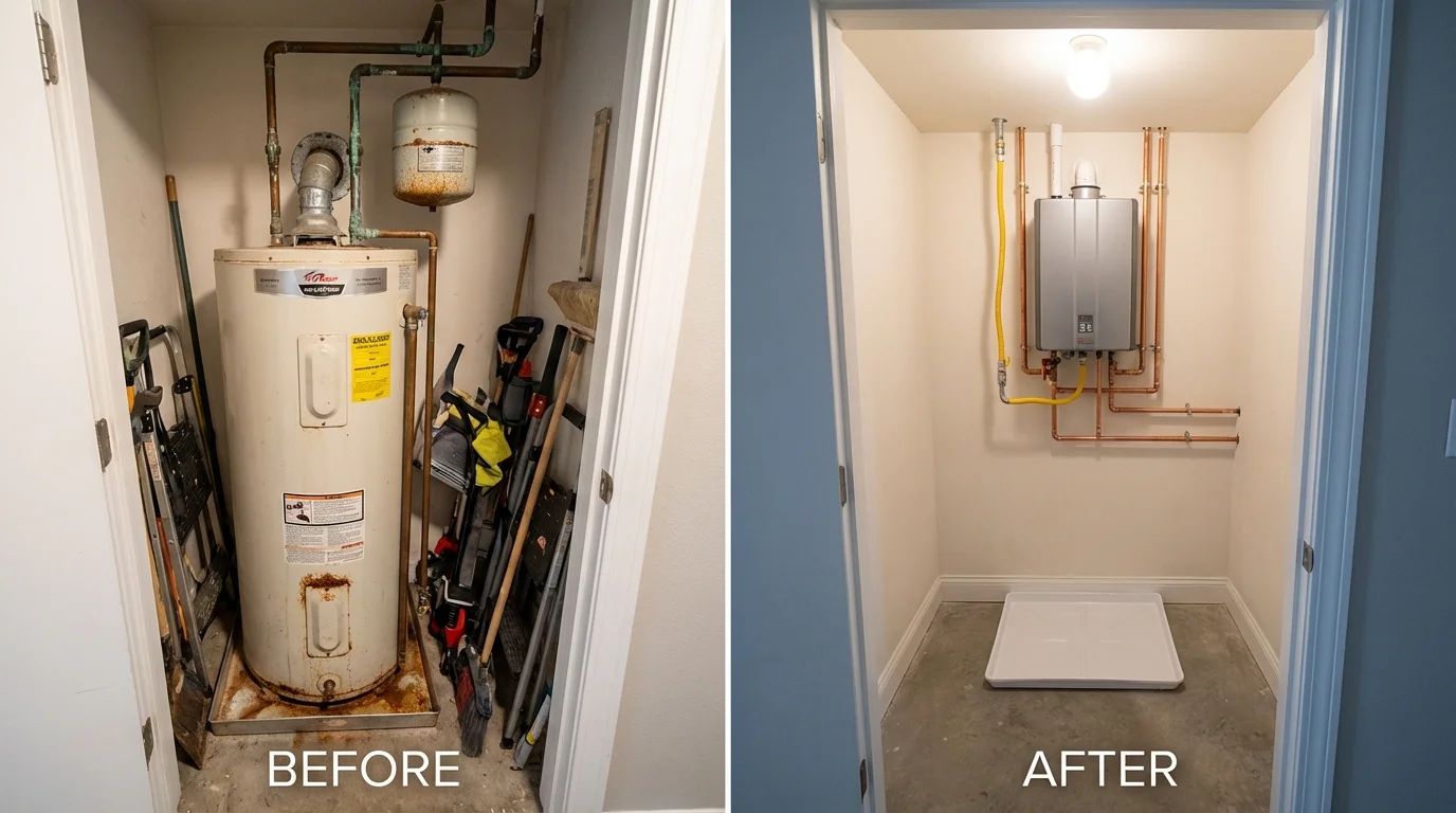 Tank water heater versus wall-mounted tankless unit comparison for Constantia, NY homeowners