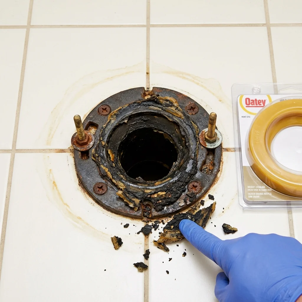 Failed wax ring showing water seepage at the base of a toilet in a Constantia, NY home