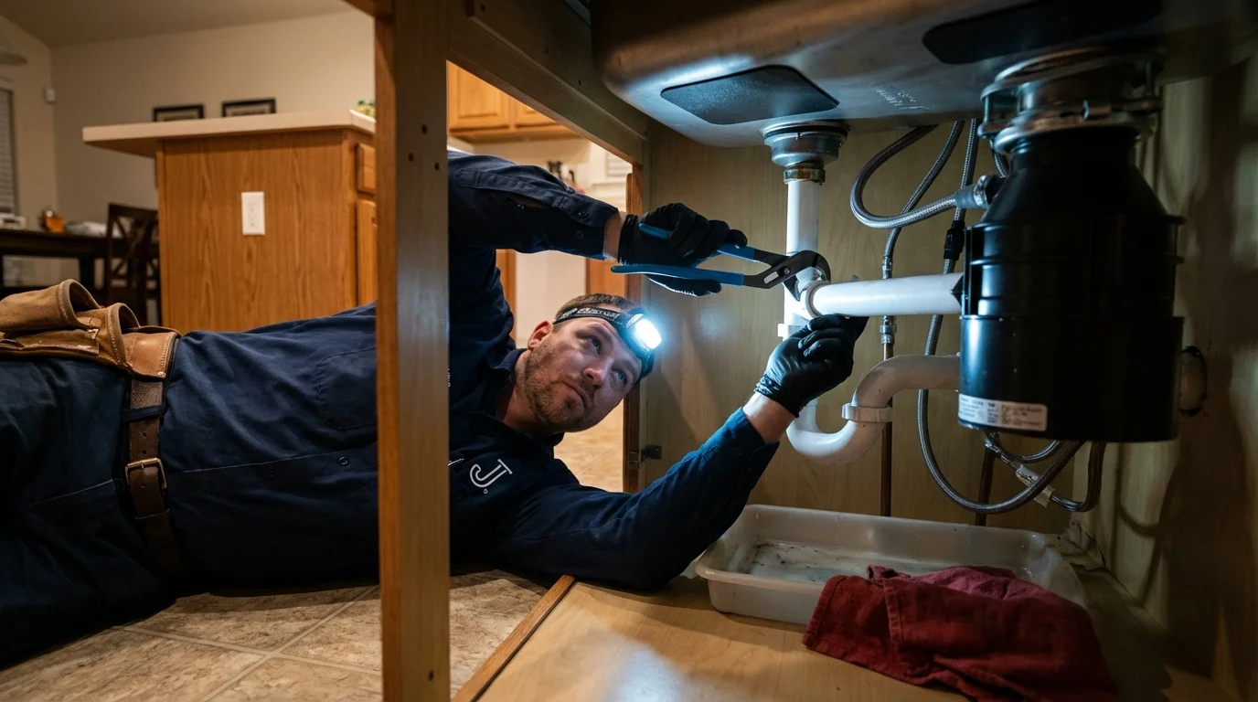 P-trap and supply line connections under a kitchen sink showing a common leak point in Constantia, NY